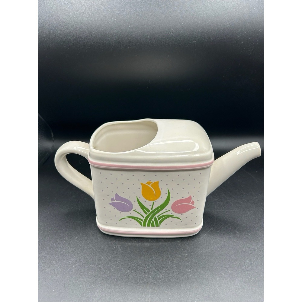 Teleflora Ceramic Watering Pitcher Can Planter Spring Tulips Both Sides 1985